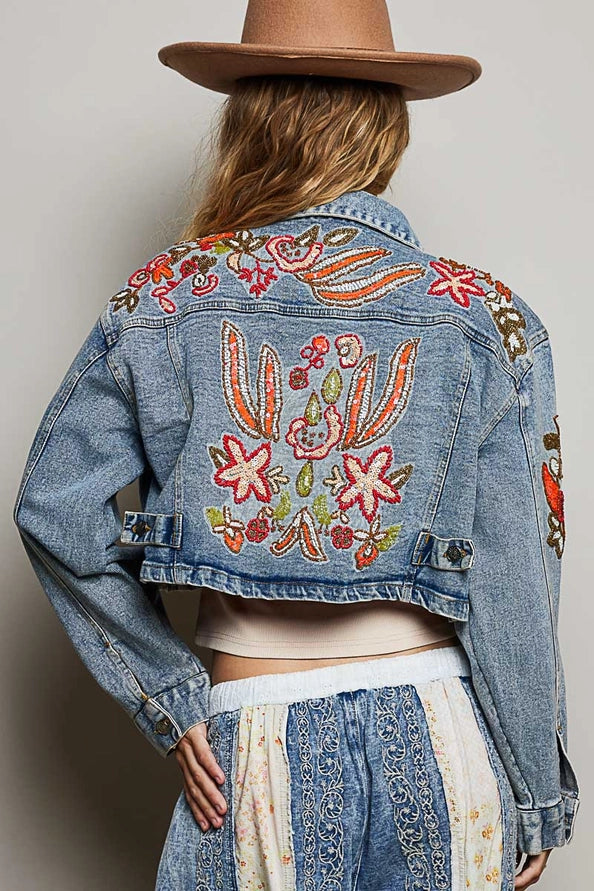 Beaded Cropped Jean Jacket