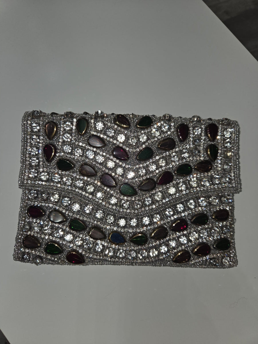 Evening Clutch Handbag with Semi Precious Stones in Silver - Robin Boutique