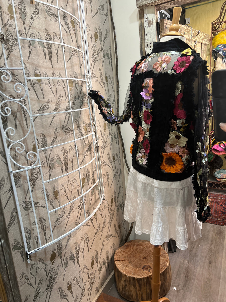 Denim Flower Illusion Jacket in Black by Adore