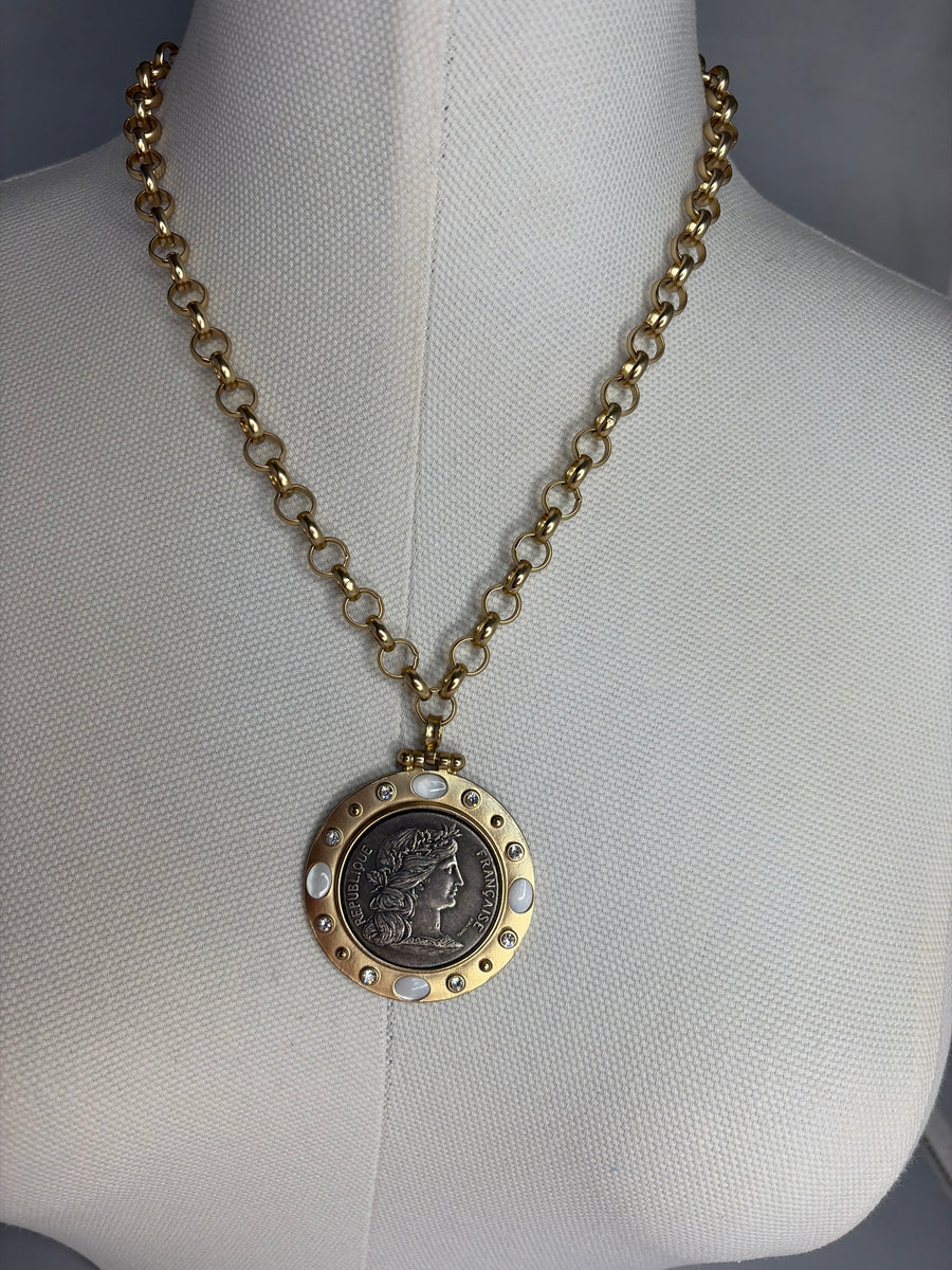 French Coin Medallion with Mother of Pearl Necklace