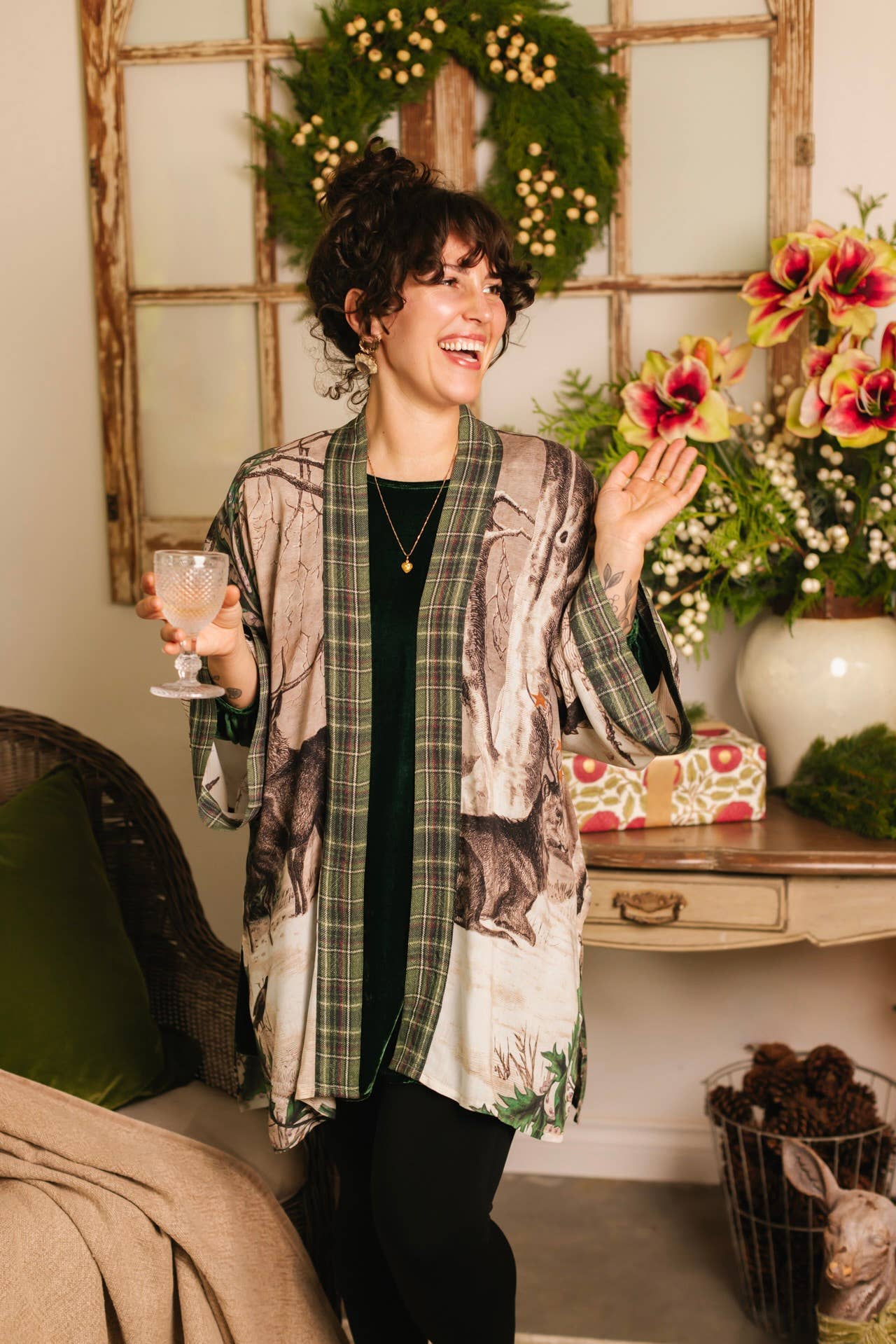 Winter Wish Christmas Plaid Bamboo Kimono Cardigan with Belt
