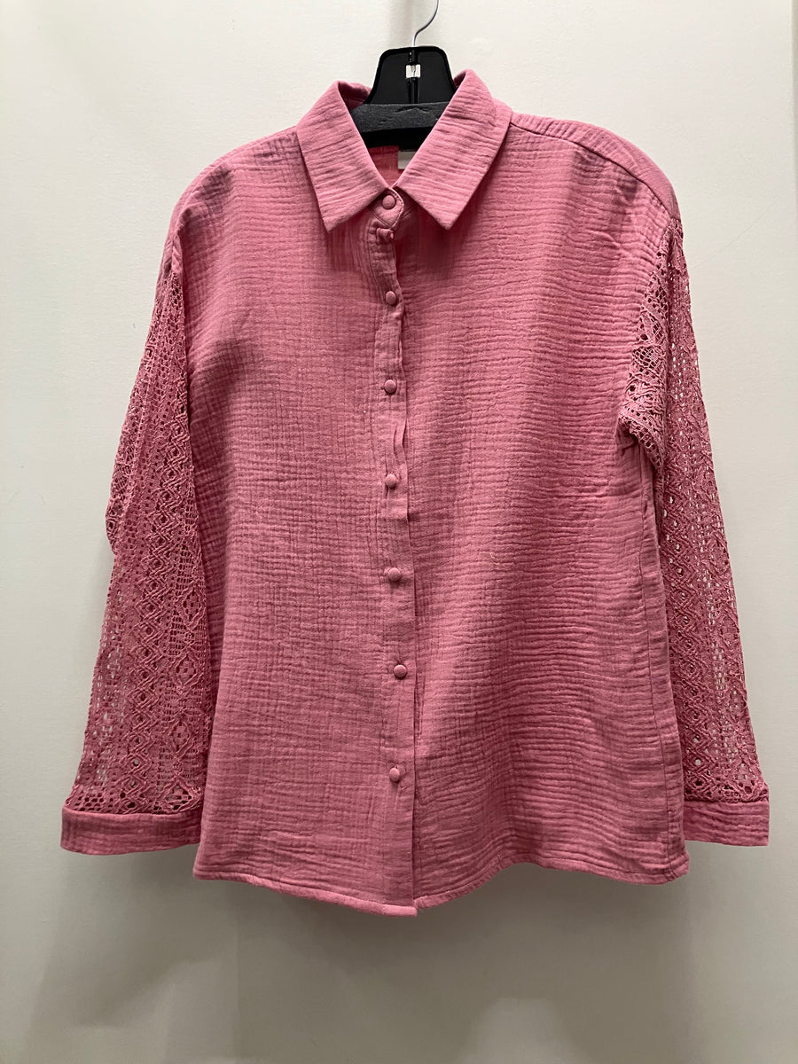 Cotton Gauze Button Front Crochet Sleeve Top