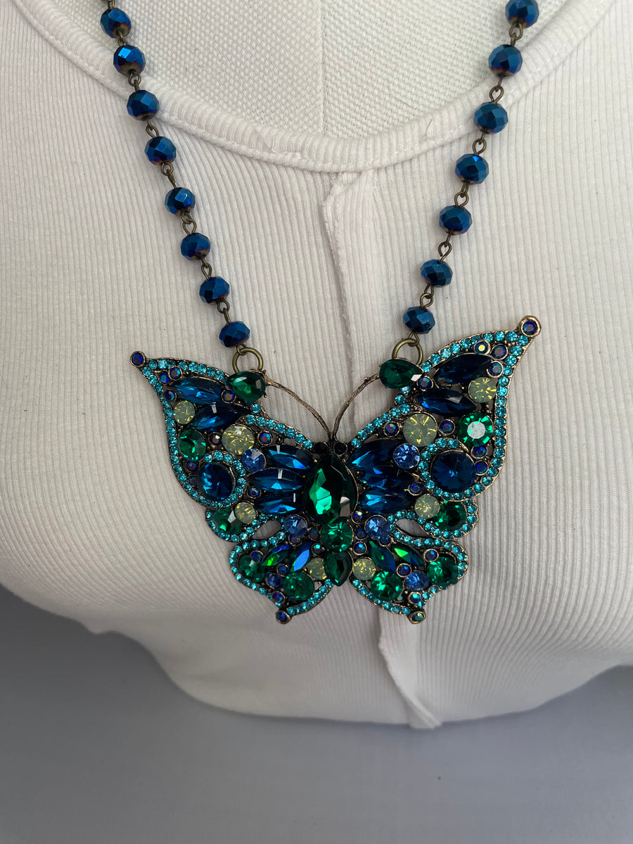 Rhinestone Blue Butterfly Necklace by Gina