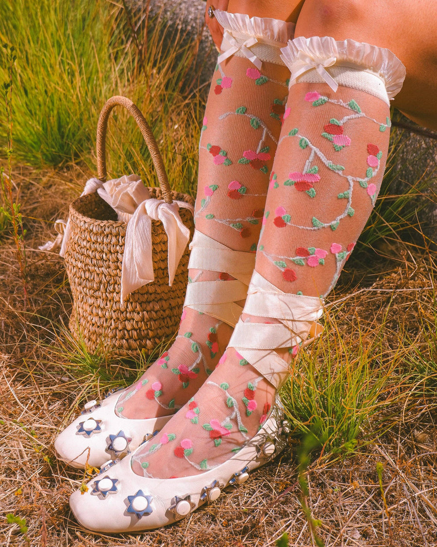 Sheer Rosettes Ruffle Bow Knee High Sock