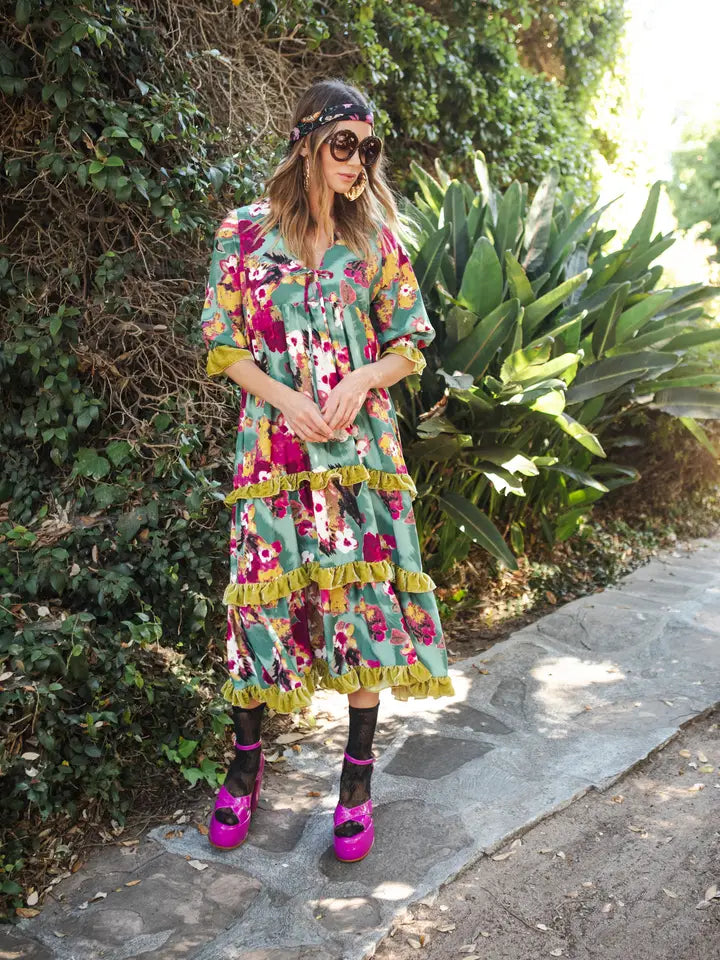 Fuchsia Fae Velvet Ruffle Maxi Dress