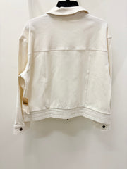 Escape off-white cotton jacket with a high collar and long sleeves, shown from the back on a black hanger against a plain white wall. - Robin Boutique