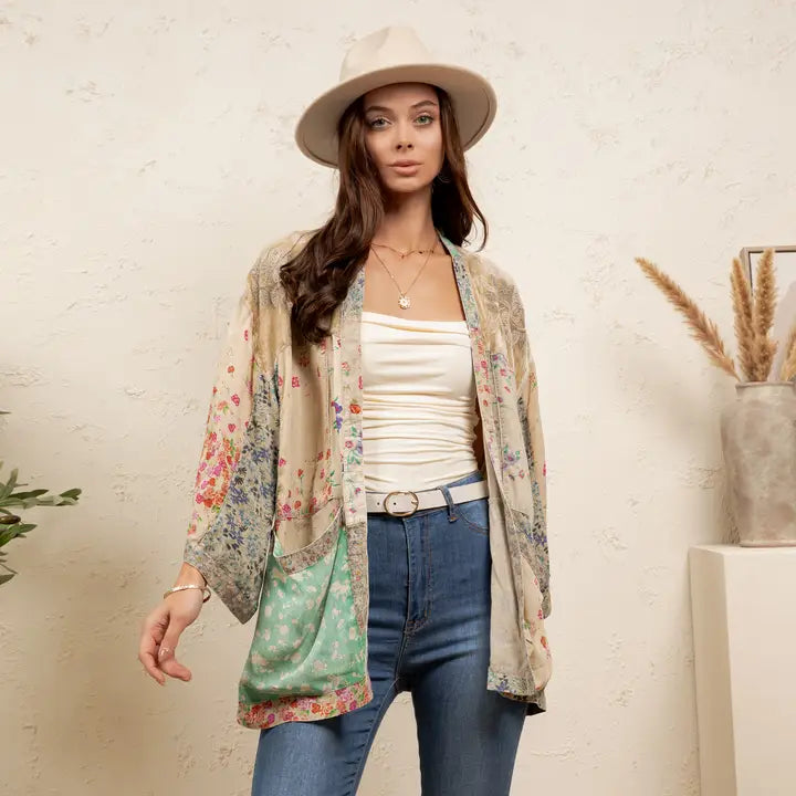 Overdyed Texture Mixed Print Kimono by Young Threads