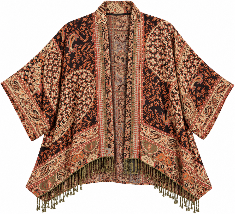 Bohemian Tapestry Kimono Jacket with Fringe