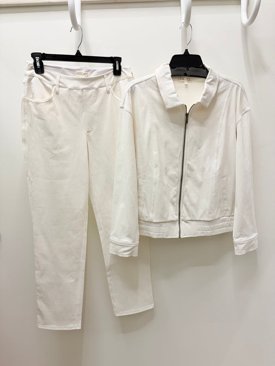 Escape Knit denim white two-piece clothing set consisting of straight-leg jeans and a cropped zip-up jacket, hanging on black hangers against a plain white wall.
