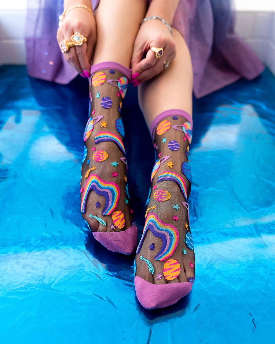 Pop Art Planets Black Sheer Crew Sock Robin Boutique