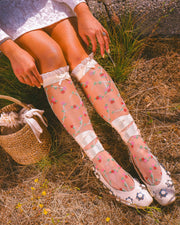 Sheer Rosettes Ruffle Bow Knee High Sock