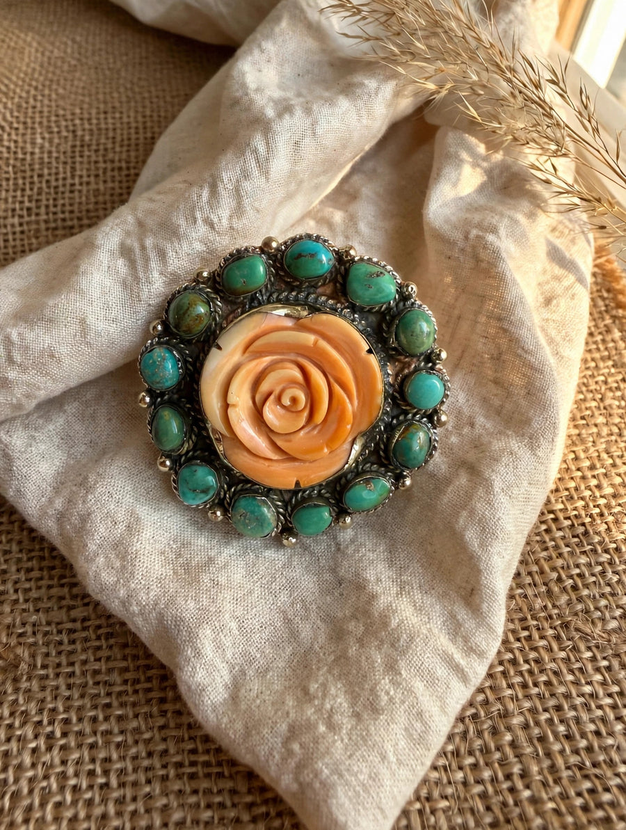 Desert Bloom Spiny Oyster & Turquoise Rose Adjustable Ring by Tara Gasparian
