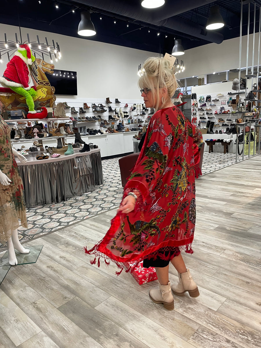 Silk Burnout Velvet Fringe Flutter Kimono by Aris A