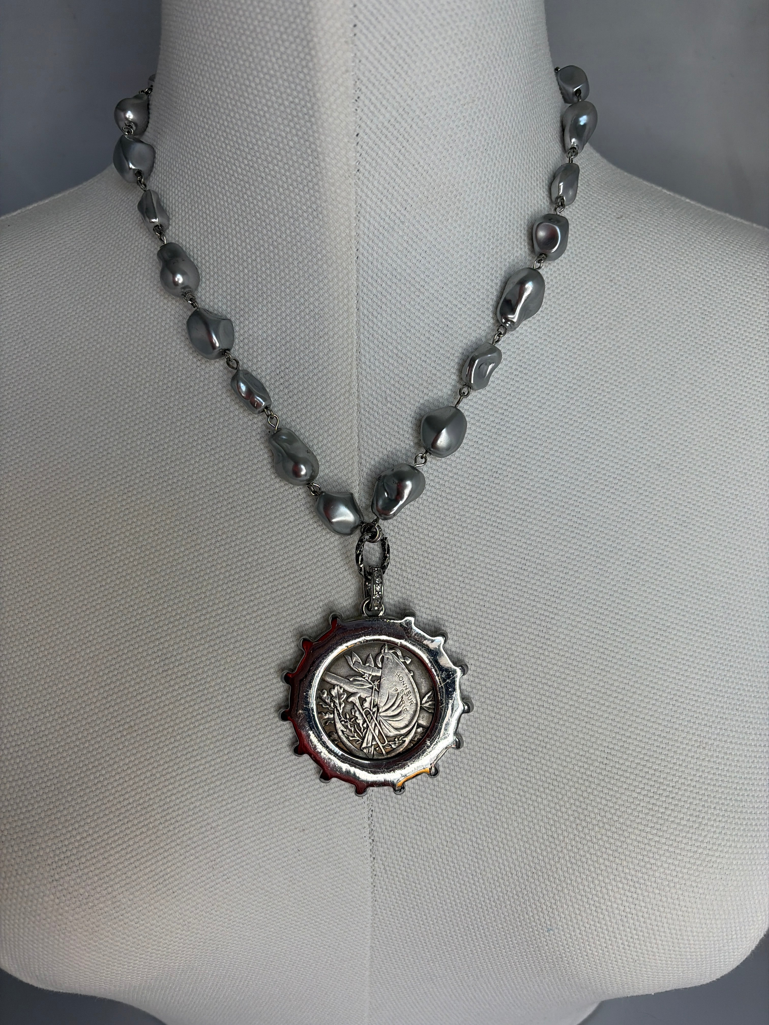 Pearl Vintage French Coin Pendant Necklace