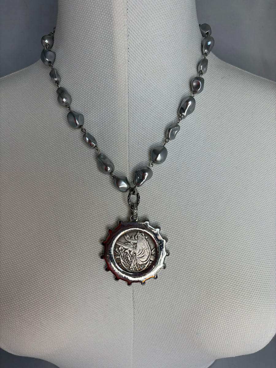 Pearl Vintage French Coin Pendant Necklace