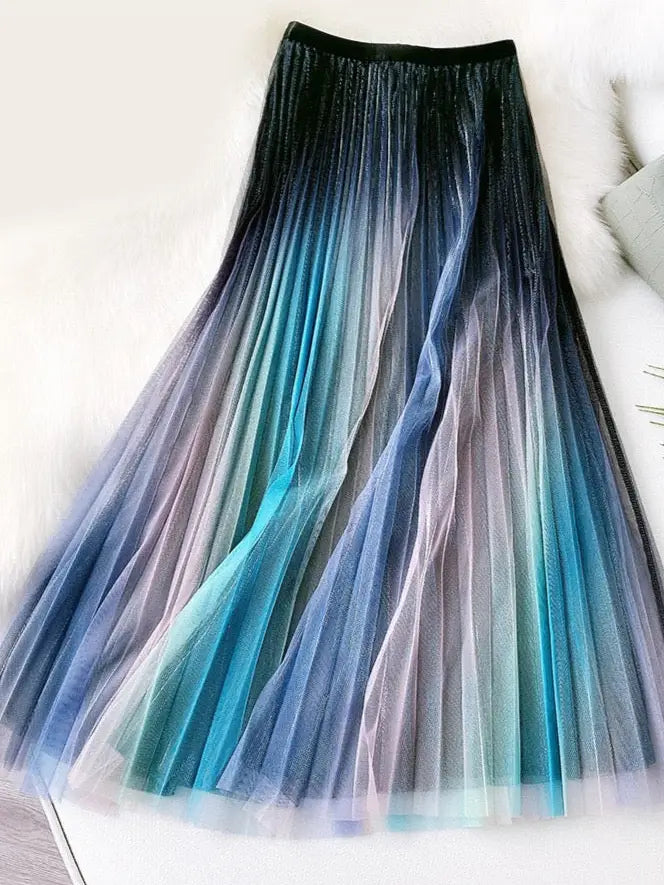 Iridescent Pleated Mesh Skirt by EllyNDale