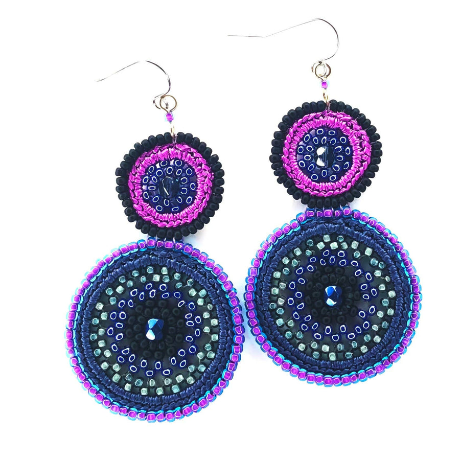 Beaded macrame dangle double round earring- Purple Midnight by KVZ Robin Boutique