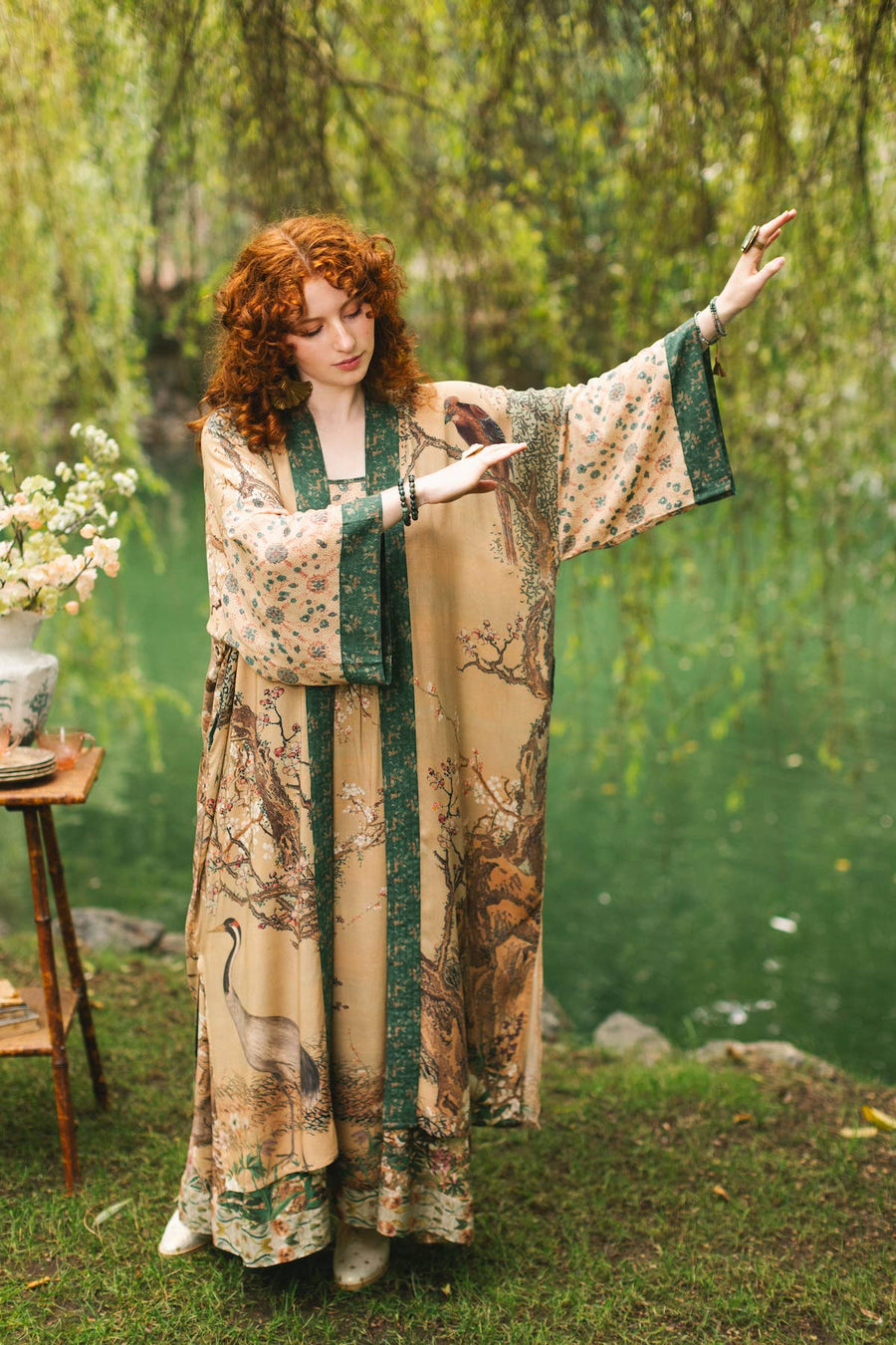 Additional view of Fable Opera Duster Kimono Robe with Deer Moon & Blossom from Robin Boutique.
