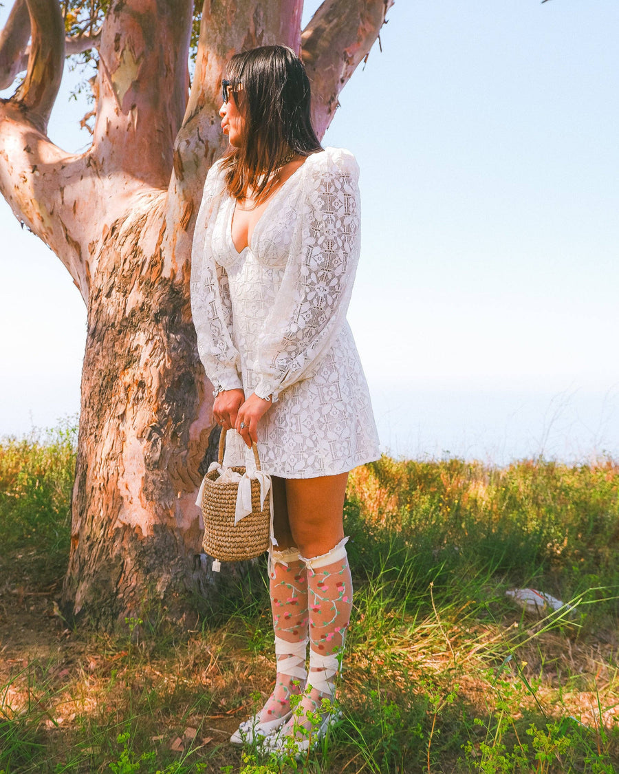 Sheer Rosettes Ruffle Bow Knee High Sock