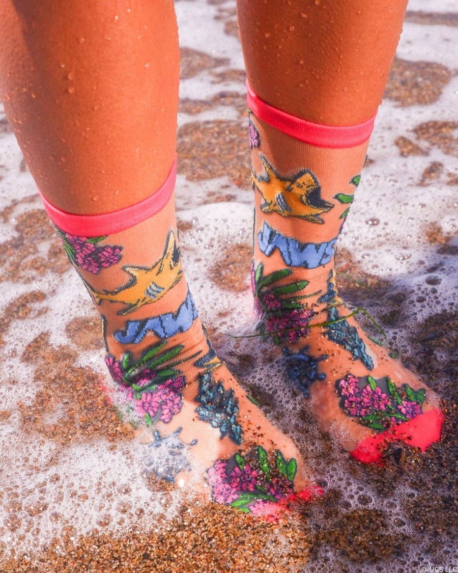JAWS Aquatic Florals Shimmer Sheer Crew Sock