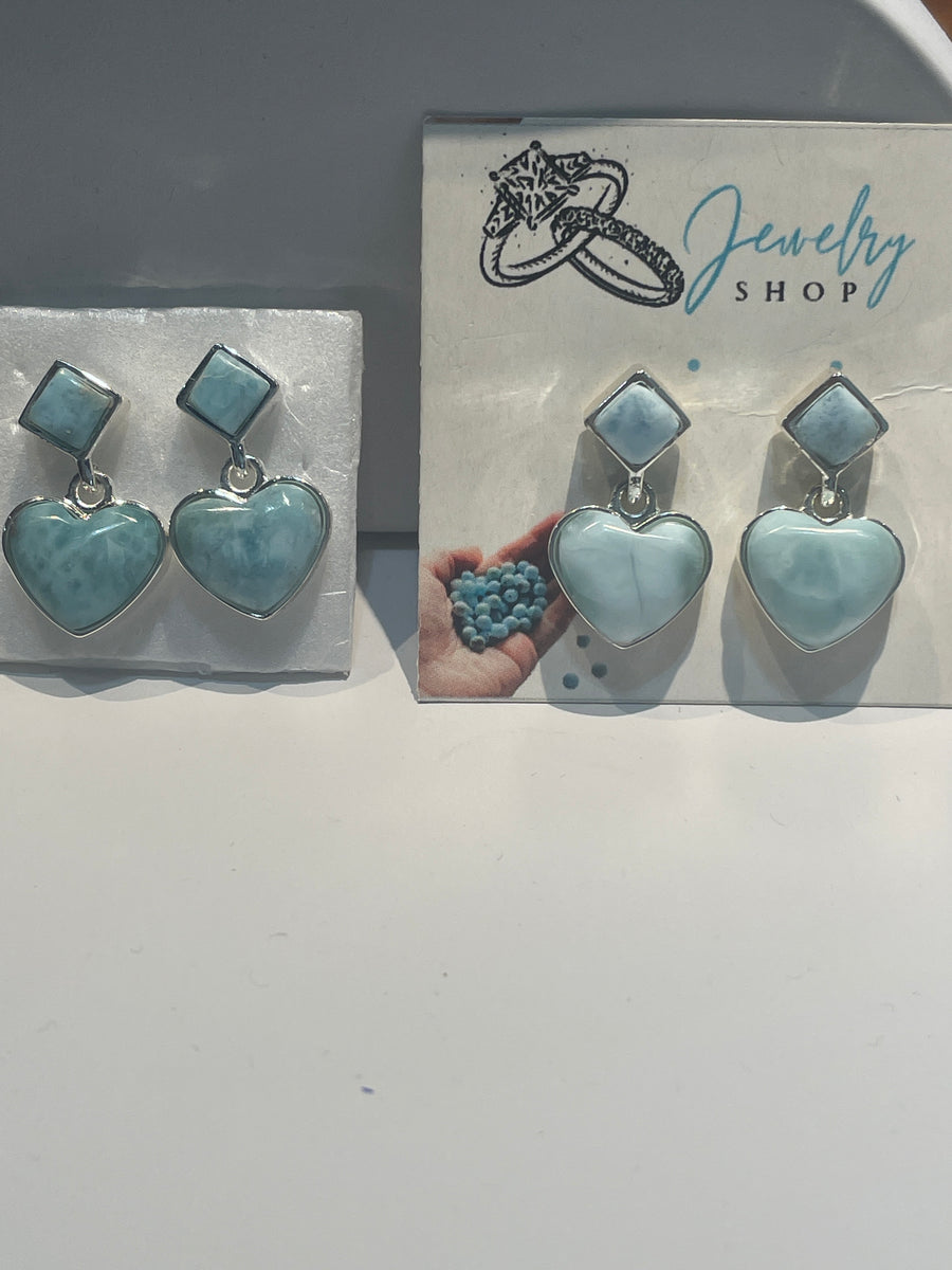 Larimar Heart Drop Stud Earrings