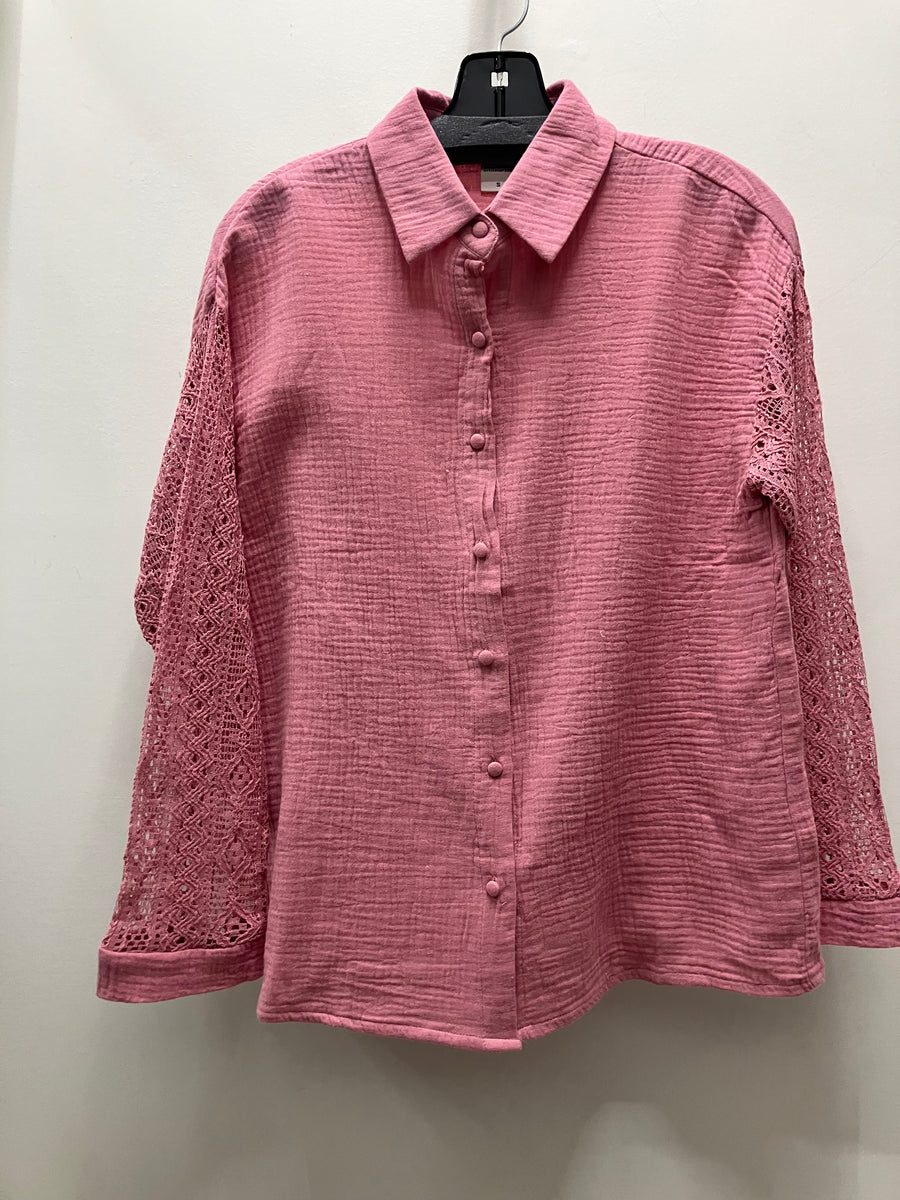 Cotton Gauze Button Front Crochet Sleeve Top