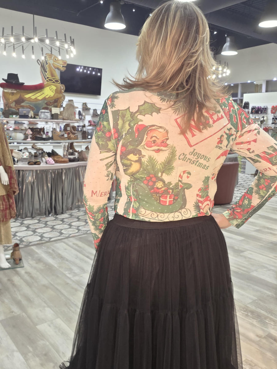 Additional view of Sparkling Sheer Mesh Layering Shirt in Vintage Christmas by Origami from Robin Boutique.