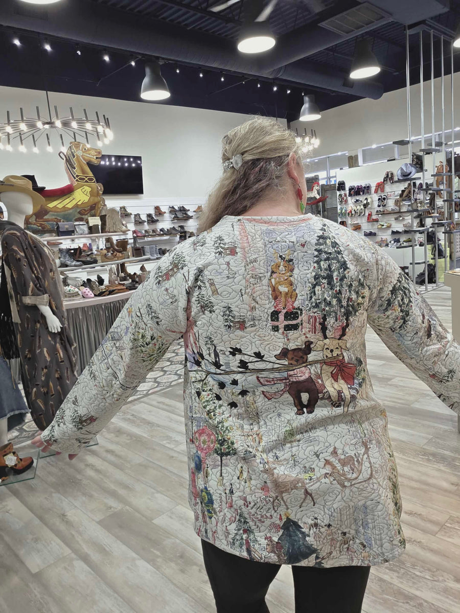 Quilted A-Line Pullover in Holiday Joy Print by Inoah