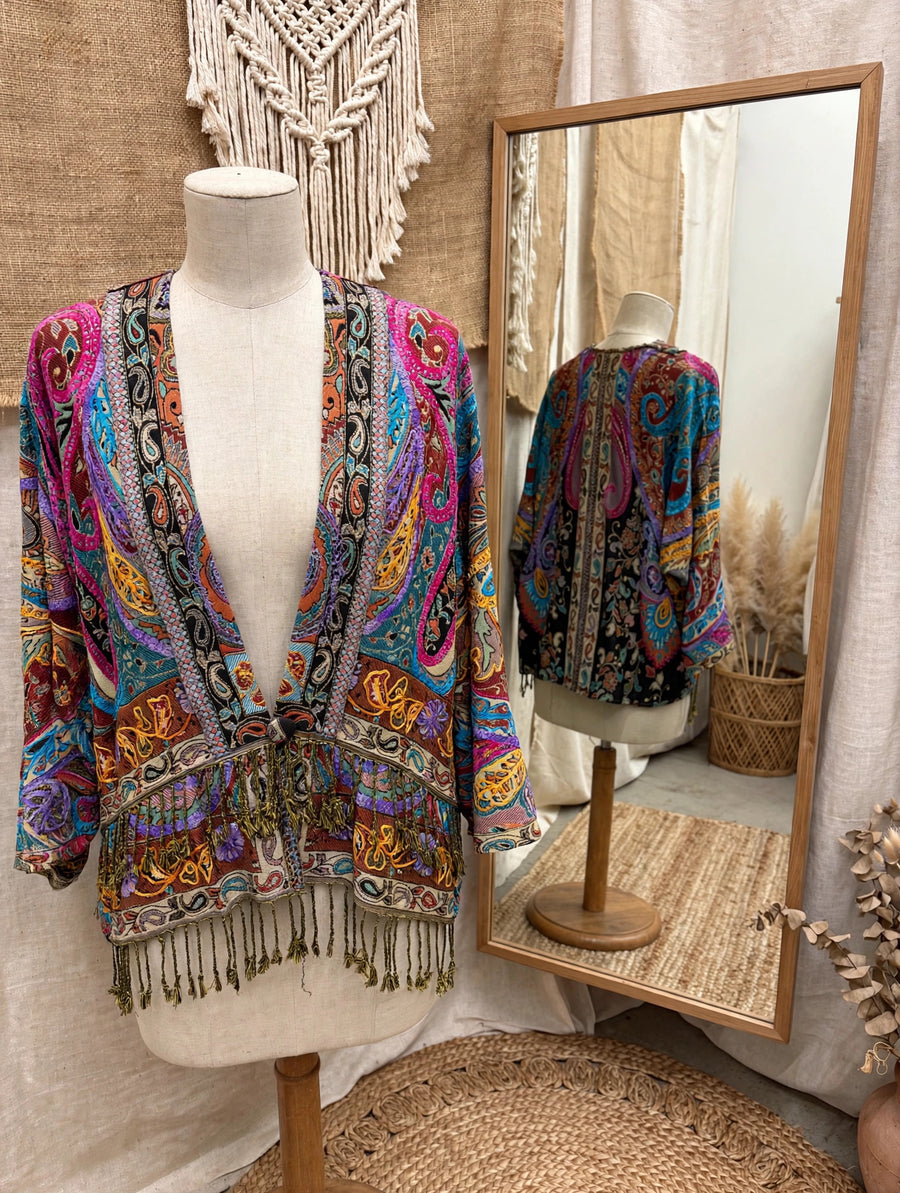 Embroidered Reversible Tapestry Fringe Short Jacket