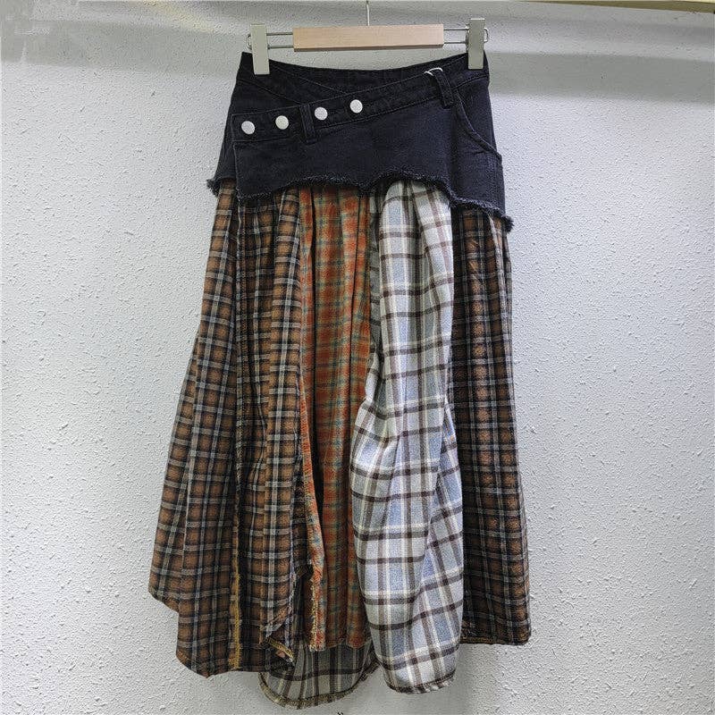 Spliced Plaid Denim High Waist A-Line Midi Skirt Robin Boutique