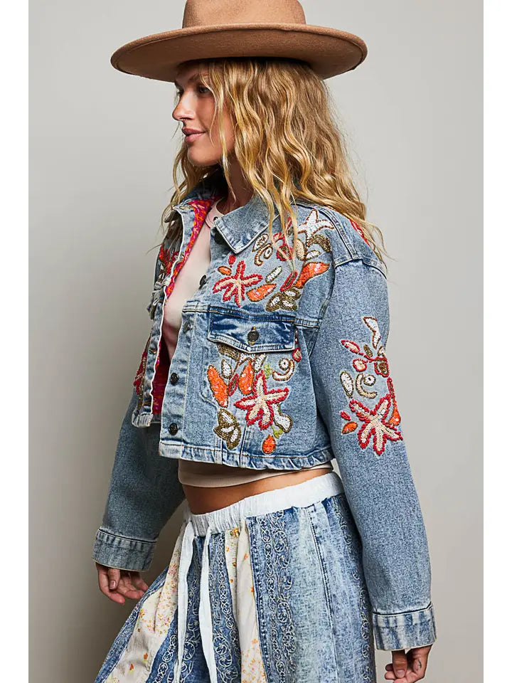 Beaded Cropped Jean Jacket