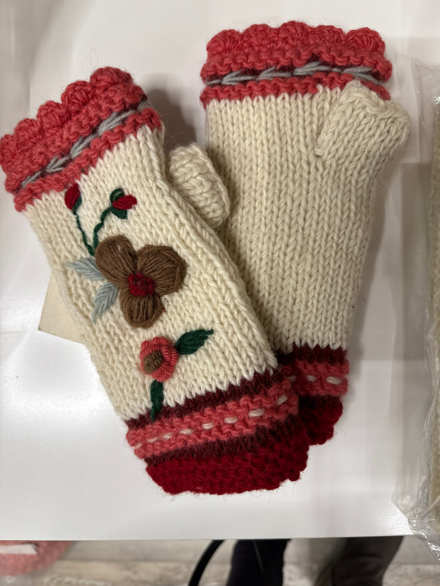 Additional view of Turquoise Ecru Color Block Knit Beanie Hat, Mittens and Fingerless Armwarmers By Many from Robin Boutique.