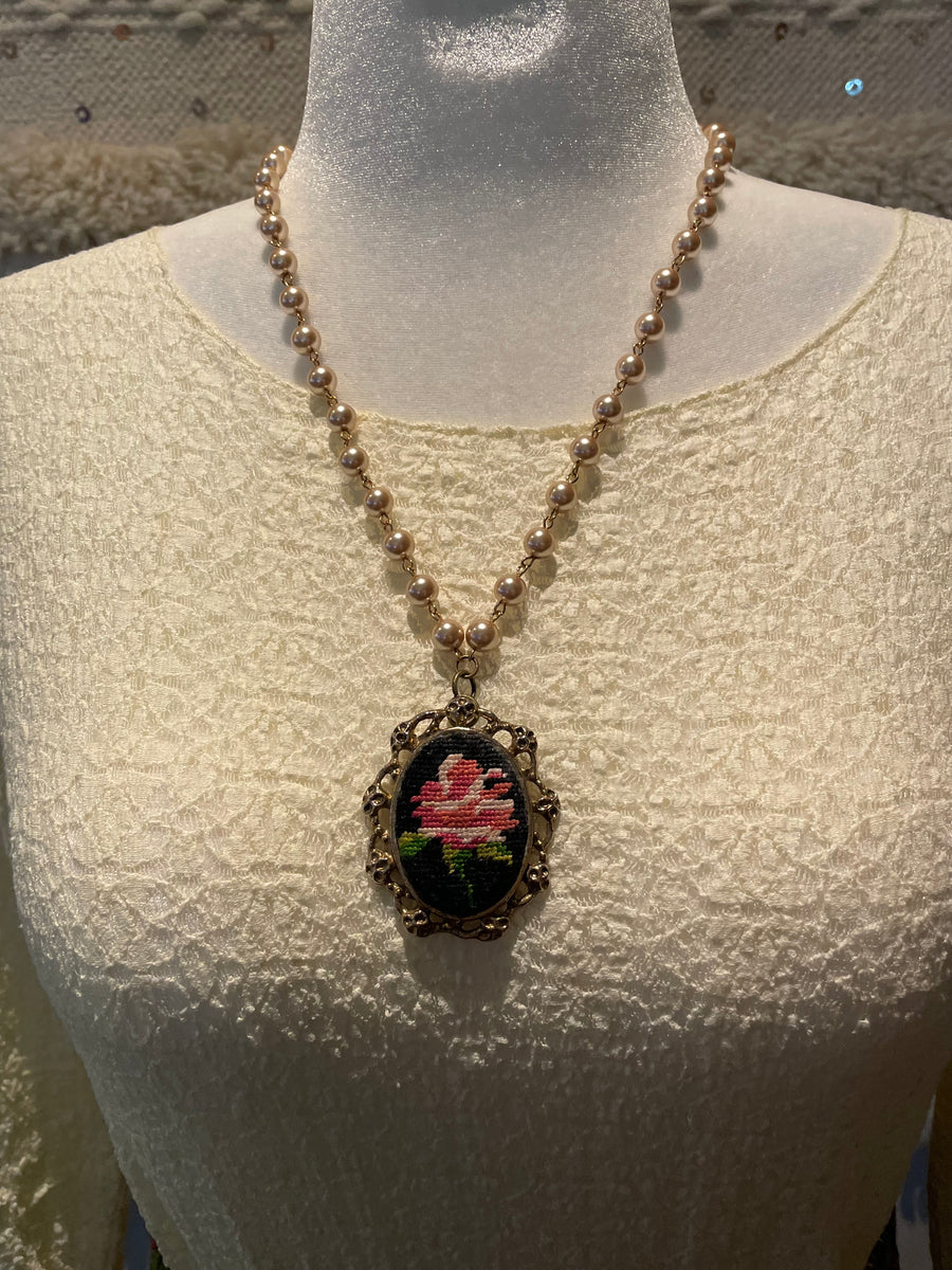 Embroidered Floral Cameo Necklace by Gina