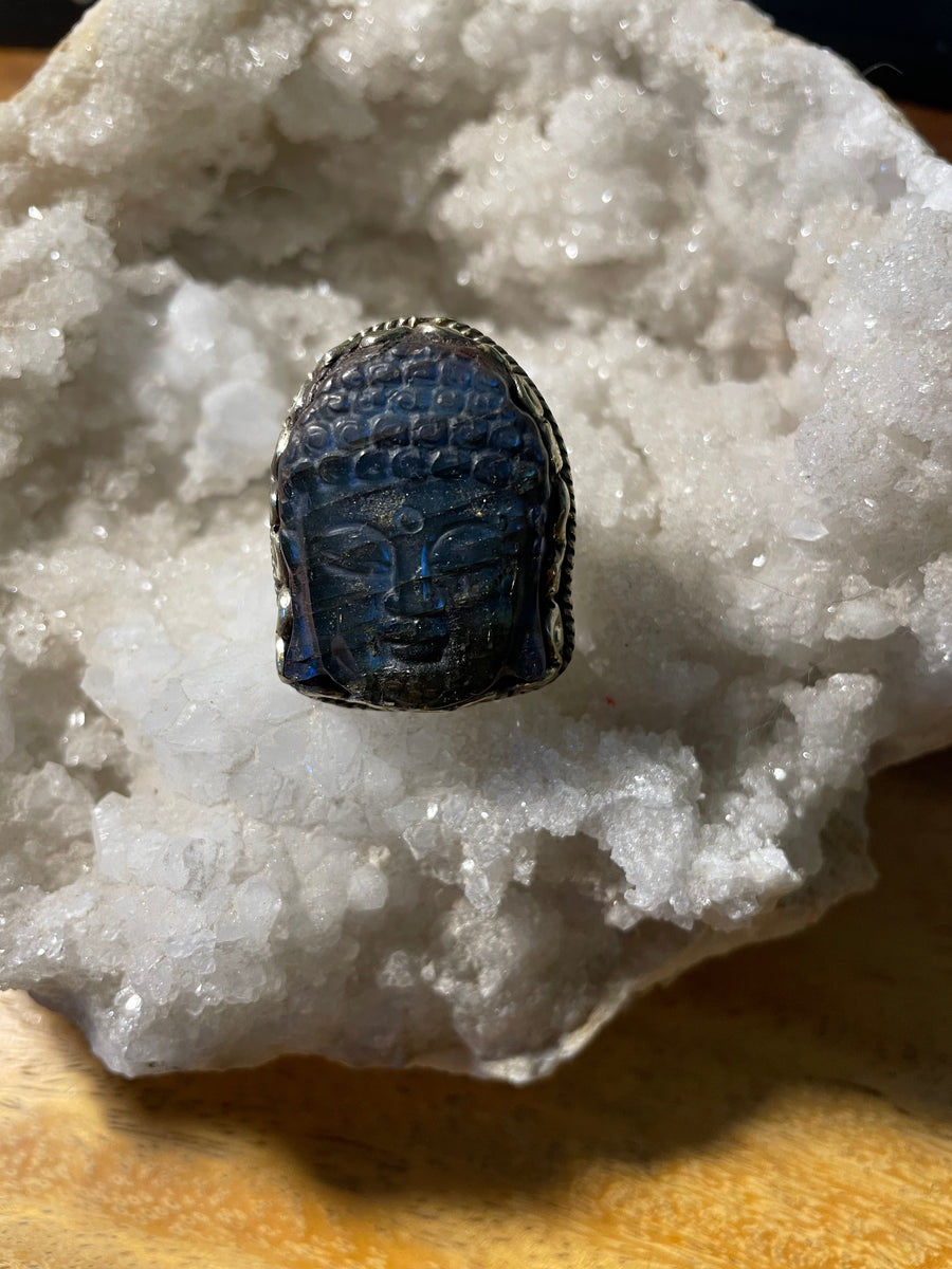 Buddha Carved in Labradorite Adjustable Ornate Ring