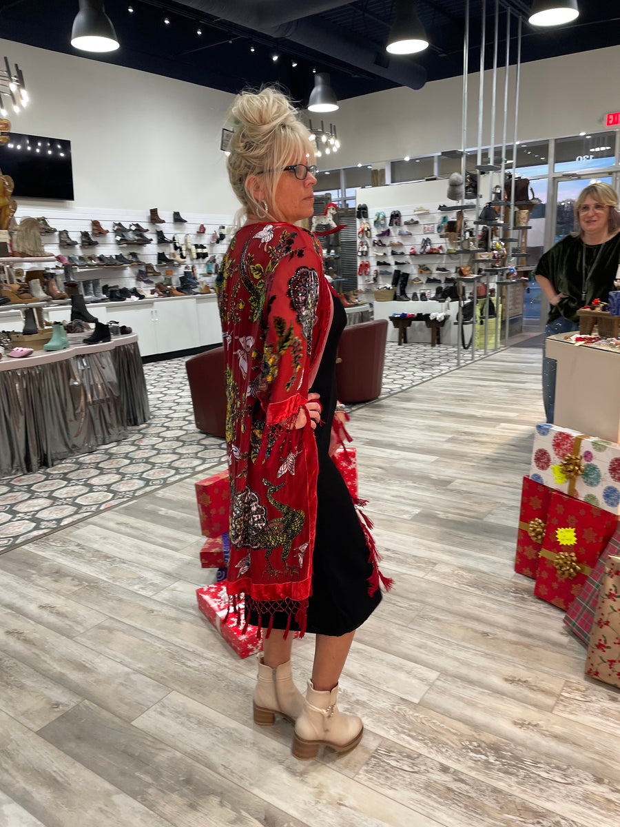 Silk Burnout Velvet Fringe Flutter Kimono by Aris A