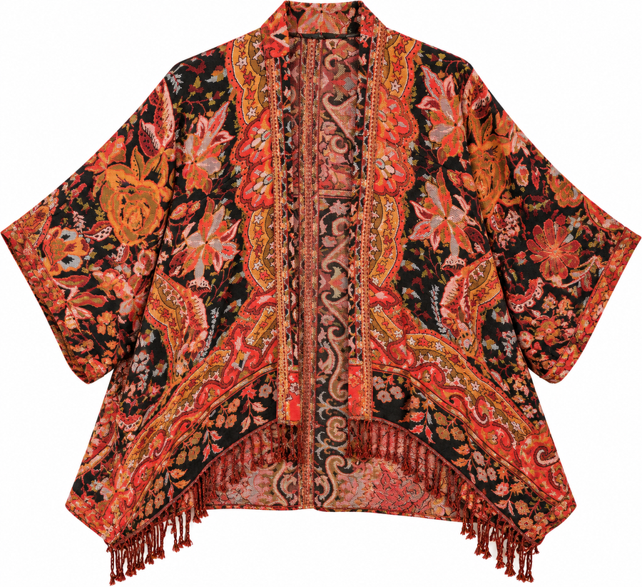 Bohemian Tapestry Kimono Jacket with Fringe