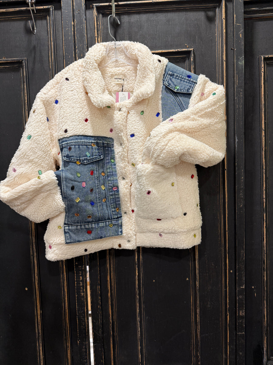 Front view of Gemstone Sherpa Denim Jacket By Davi & Dani - Robin Boutique