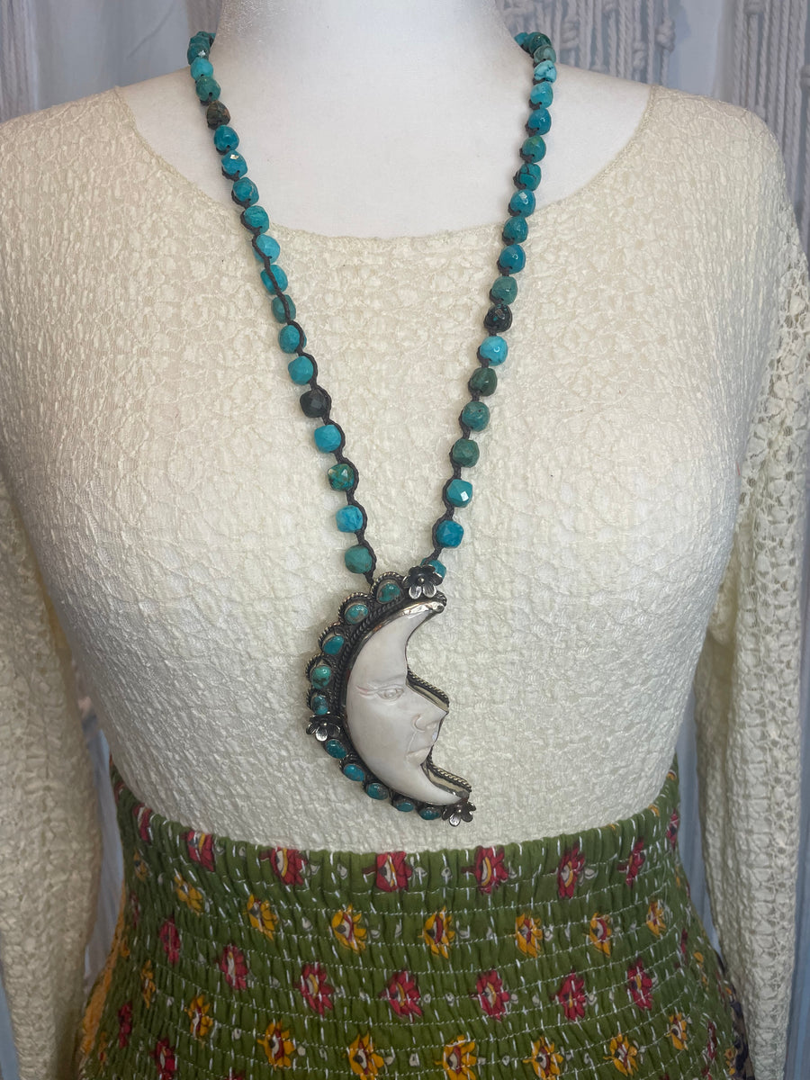 Turquoise Embellished Crescent Moon Necklace by Tara