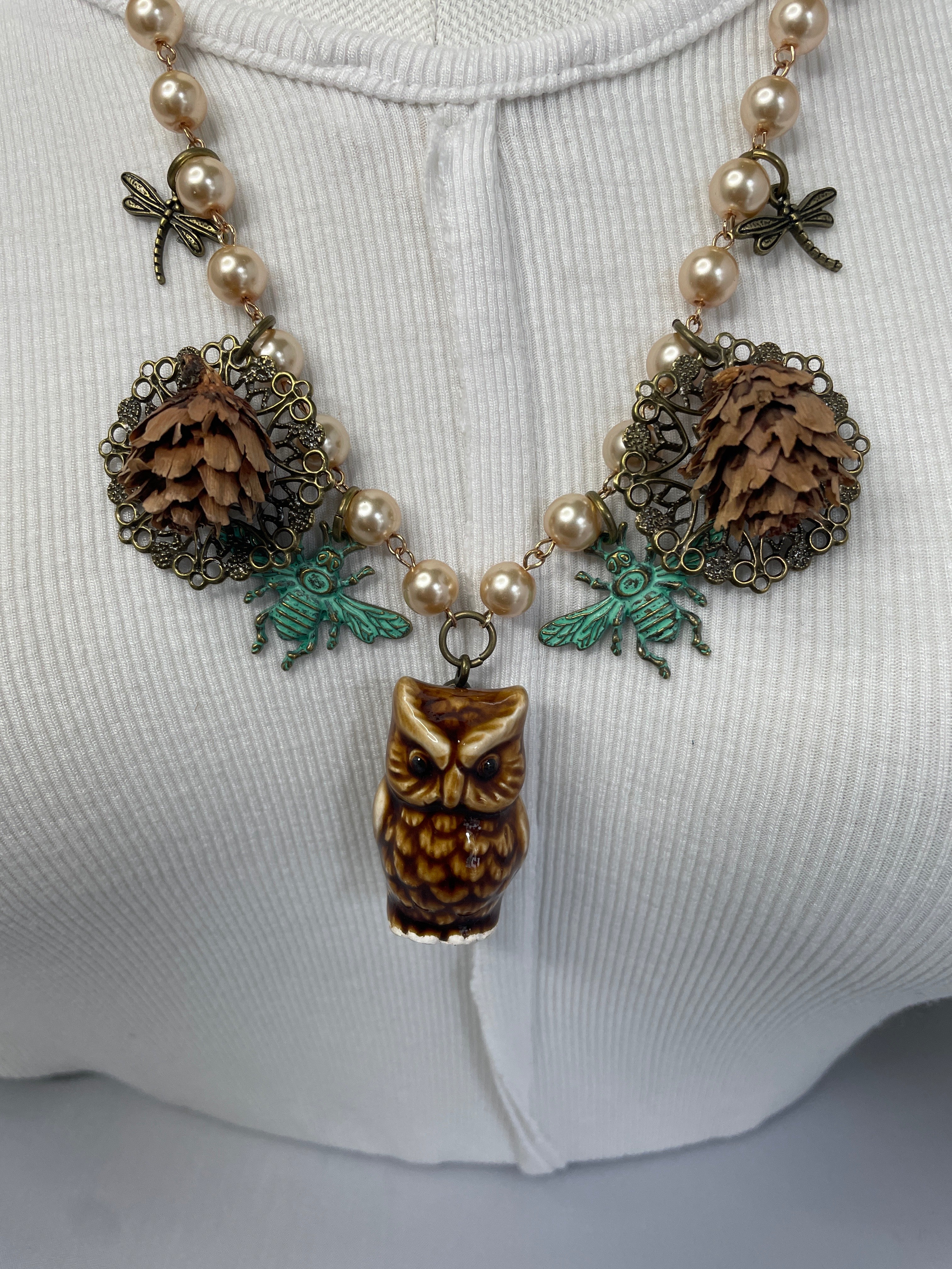 Dragonflies, Bees, and Owl Necklace by Gina