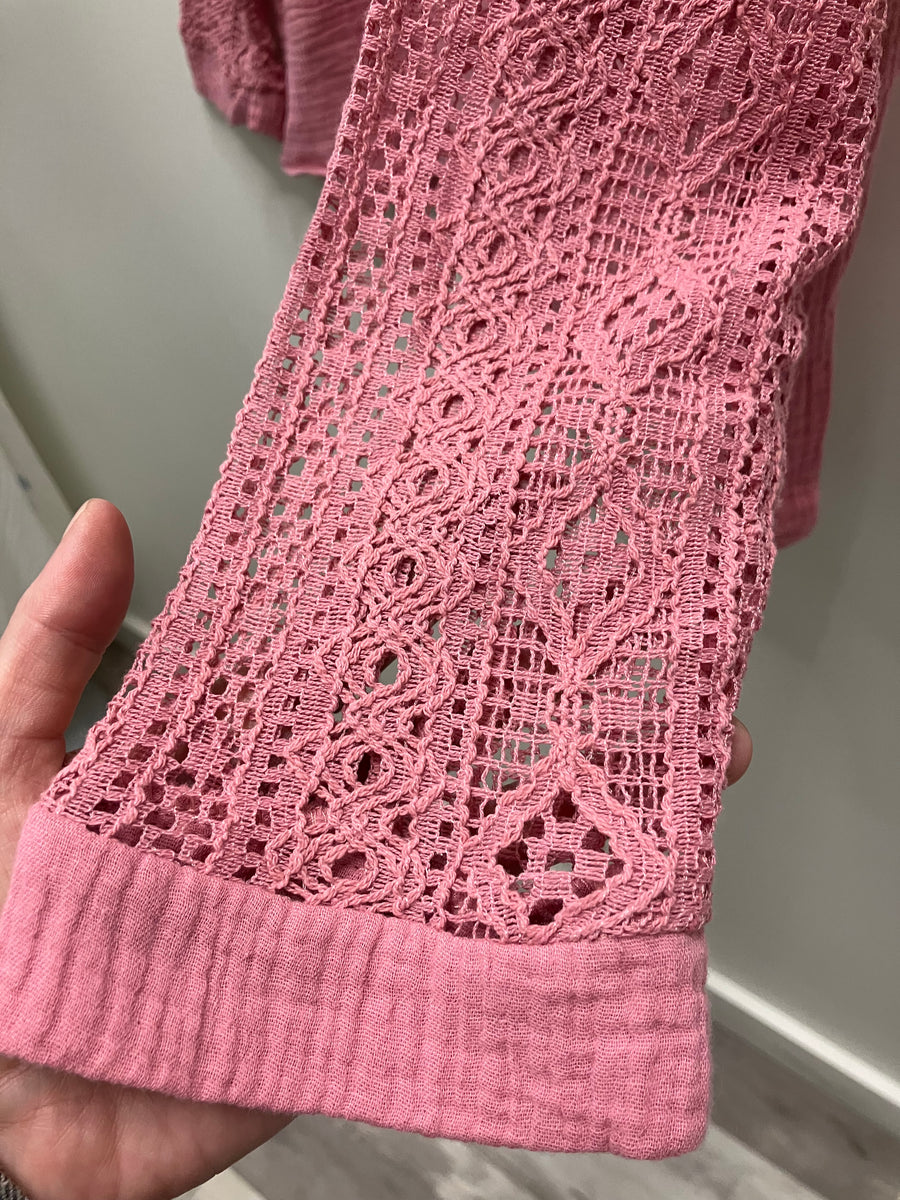 Cotton Gauze Button Front Crochet Sleeve Top