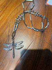 Silver Charmed Atlas Jasper Dragonfly Necklace