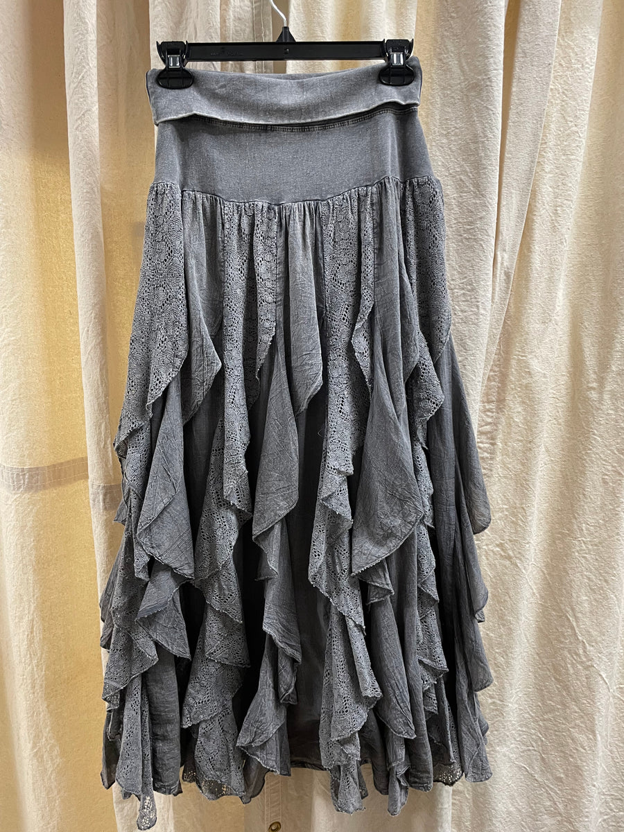 Long Lace Ruffle Skirt in Dark Grey