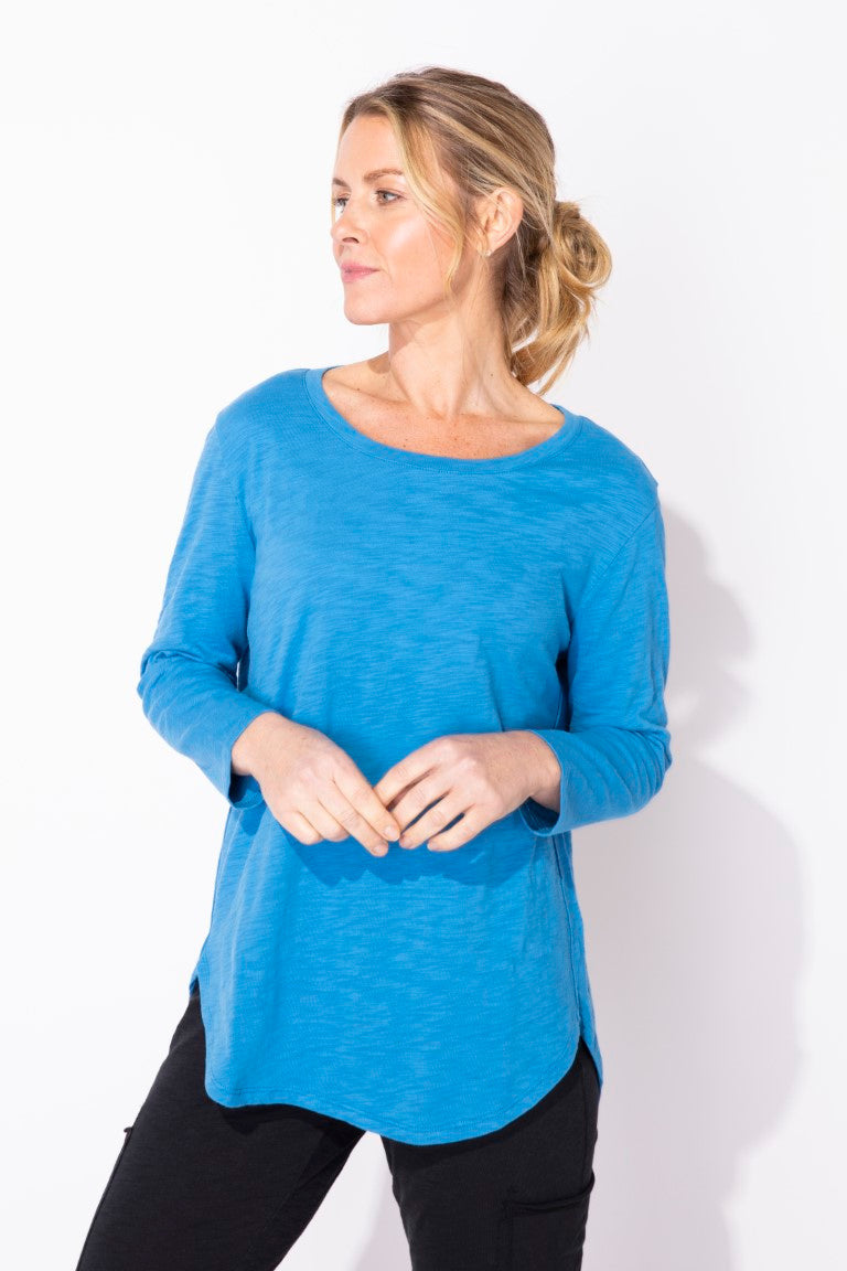 Solid Cotton Slub 3/4 Sleeve High-Low Tee by Escape