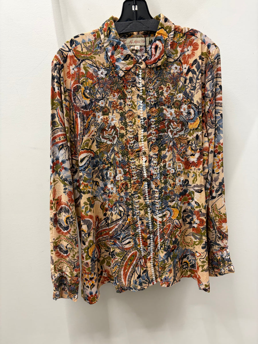 Embroidered Garden Paisley Linen Shirt by All About Her