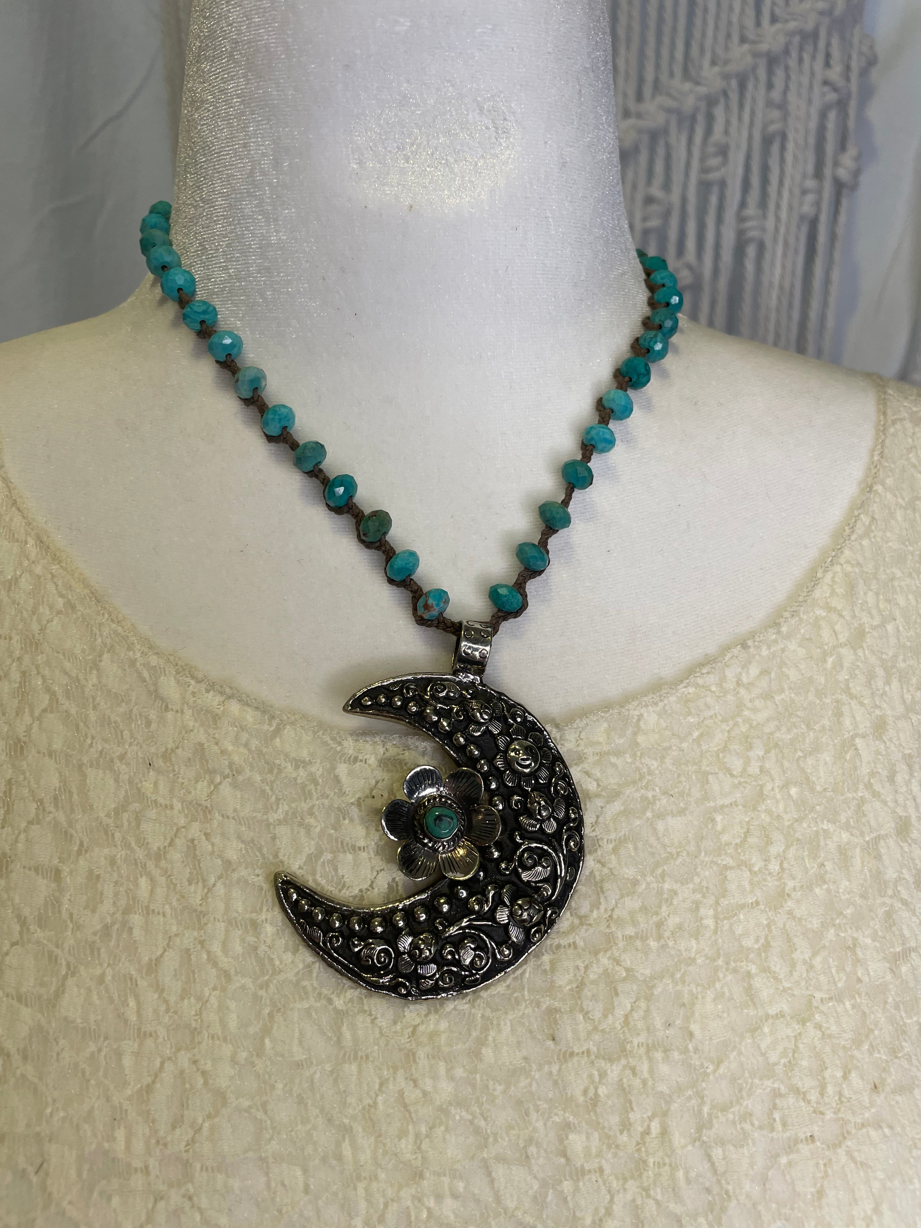 Tibetan Floral Crescent Moon Necklace by Tara Gasparian