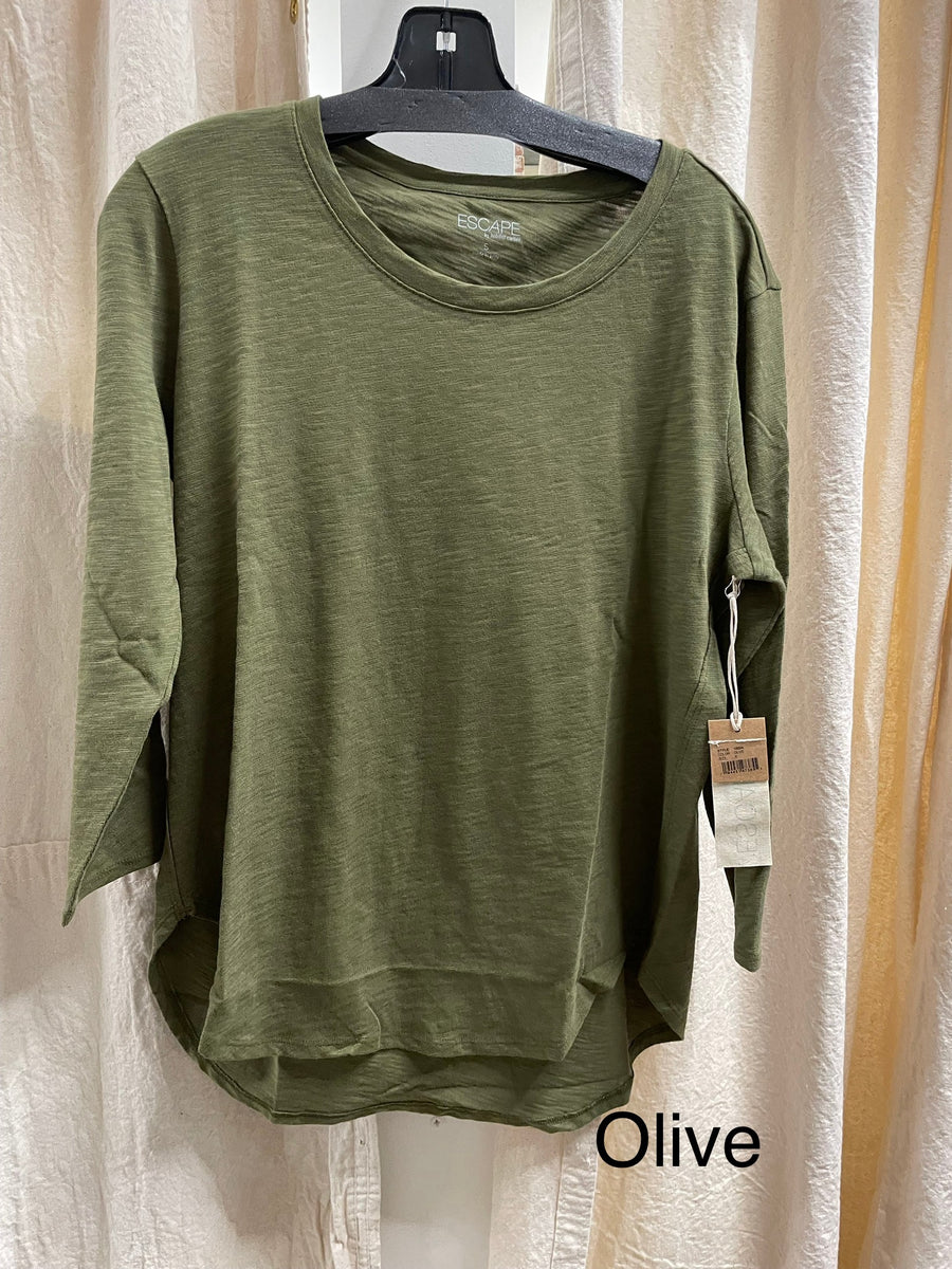 Solid Cotton Slub 3/4 Sleeve High-Low Tee by Escape