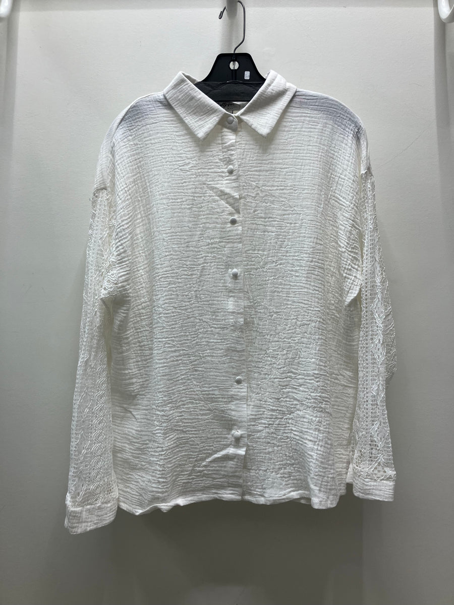 Cotton Gauze Button Front Crochet Sleeve Top