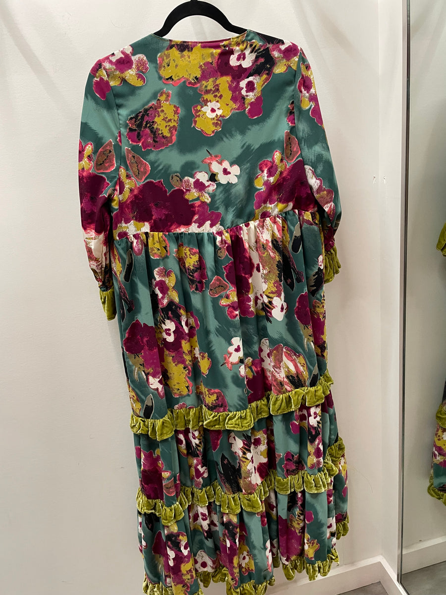 Fuchsia Fae Velvet Ruffle Maxi Dress