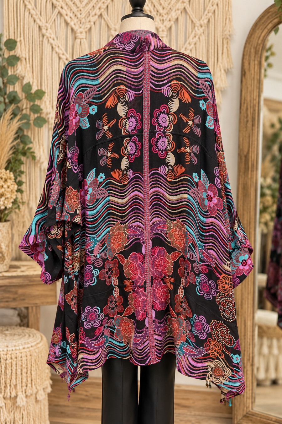 Bohemian Tapestry Kimono Jacket with Fringe