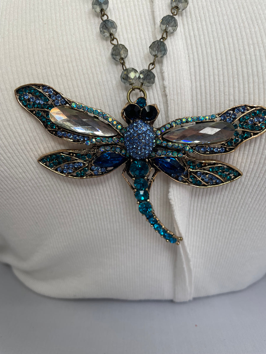 Rhinestone Blue Dragonfly Necklace by Gina